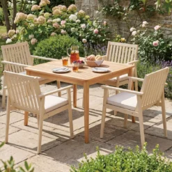 2er Set Akazienholz Gartenstühle mit Kissen & Armlehnen & 180 kg Tragfähigkeit Graulich-weiß
