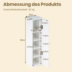 2er Set Badezimmerschrank mit 3 Abnehmbaren Regalen 16cm Breit Toilettenschrank Weiß