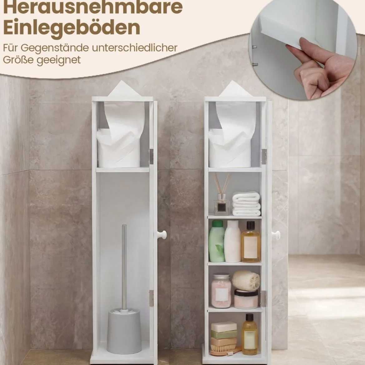 2er Set Badezimmerschrank mit 3 Abnehmbaren Regalen 16cm Breit Toilettenschrank Weiß