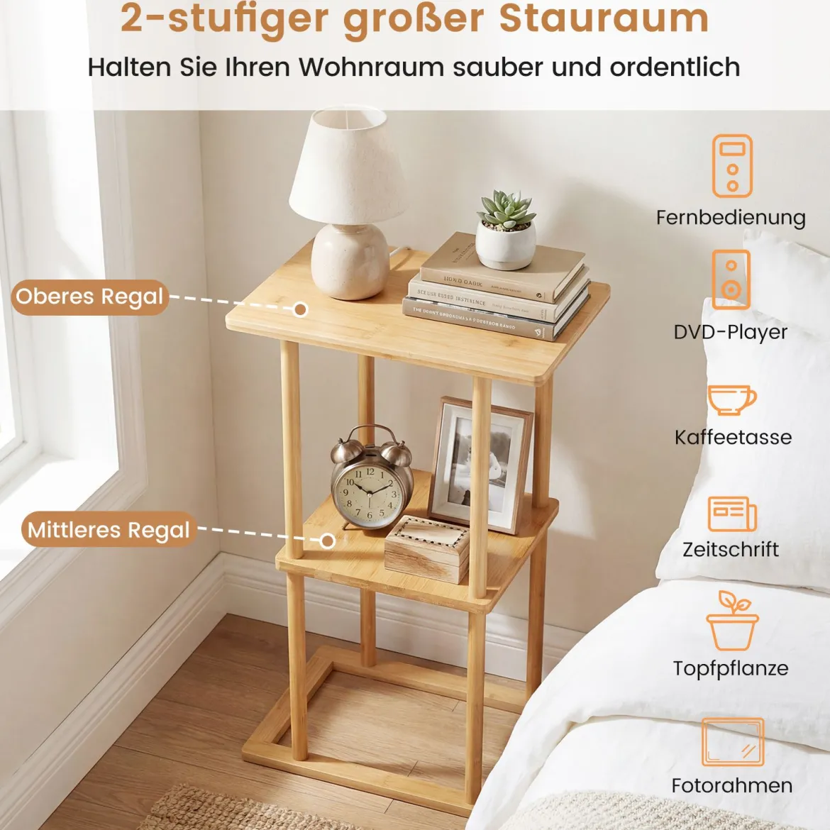 2er Set Bambus Beistelltisch mit Aufbewahrungsregalen Rechteckiger Sofatisch Couchtisch Natur