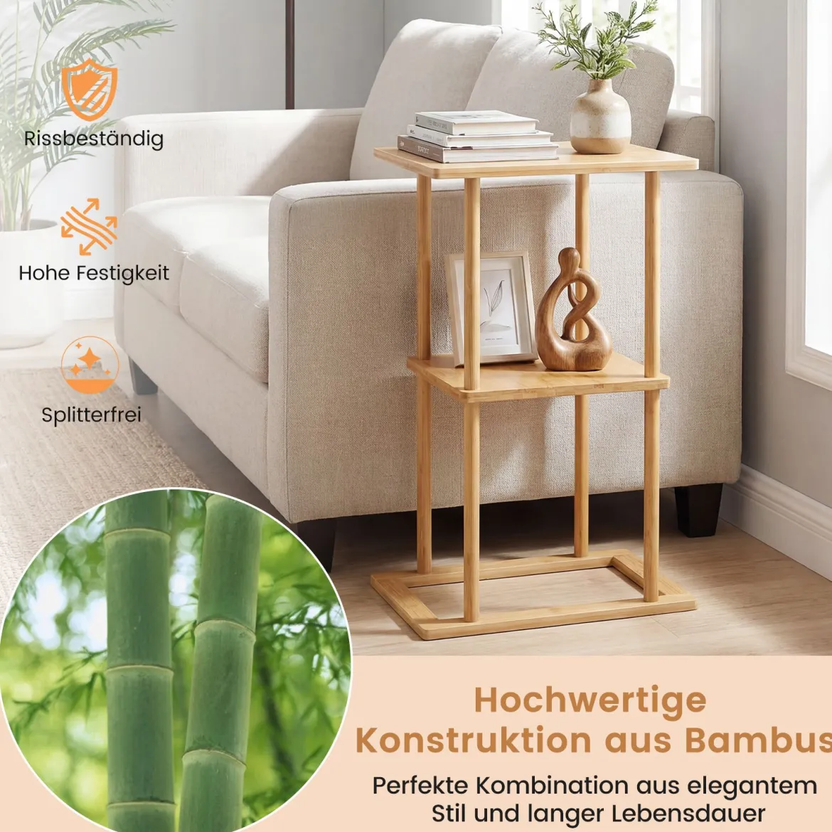 2er Set Bambus Beistelltisch mit Aufbewahrungsregalen Rechteckiger Sofatisch Couchtisch Natur