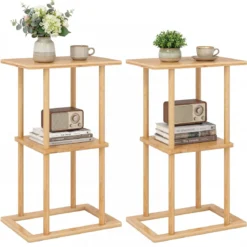 2er Set Bambus Beistelltisch mit Aufbewahrungsregalen Rechteckiger Sofatisch Couchtisch Natur