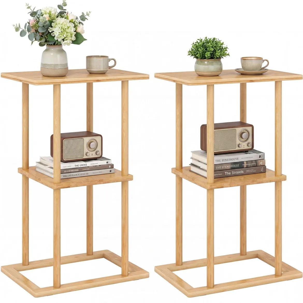 2er Set Bambus Beistelltisch mit Aufbewahrungsregalen Rechteckiger Sofatisch Couchtisch Natur