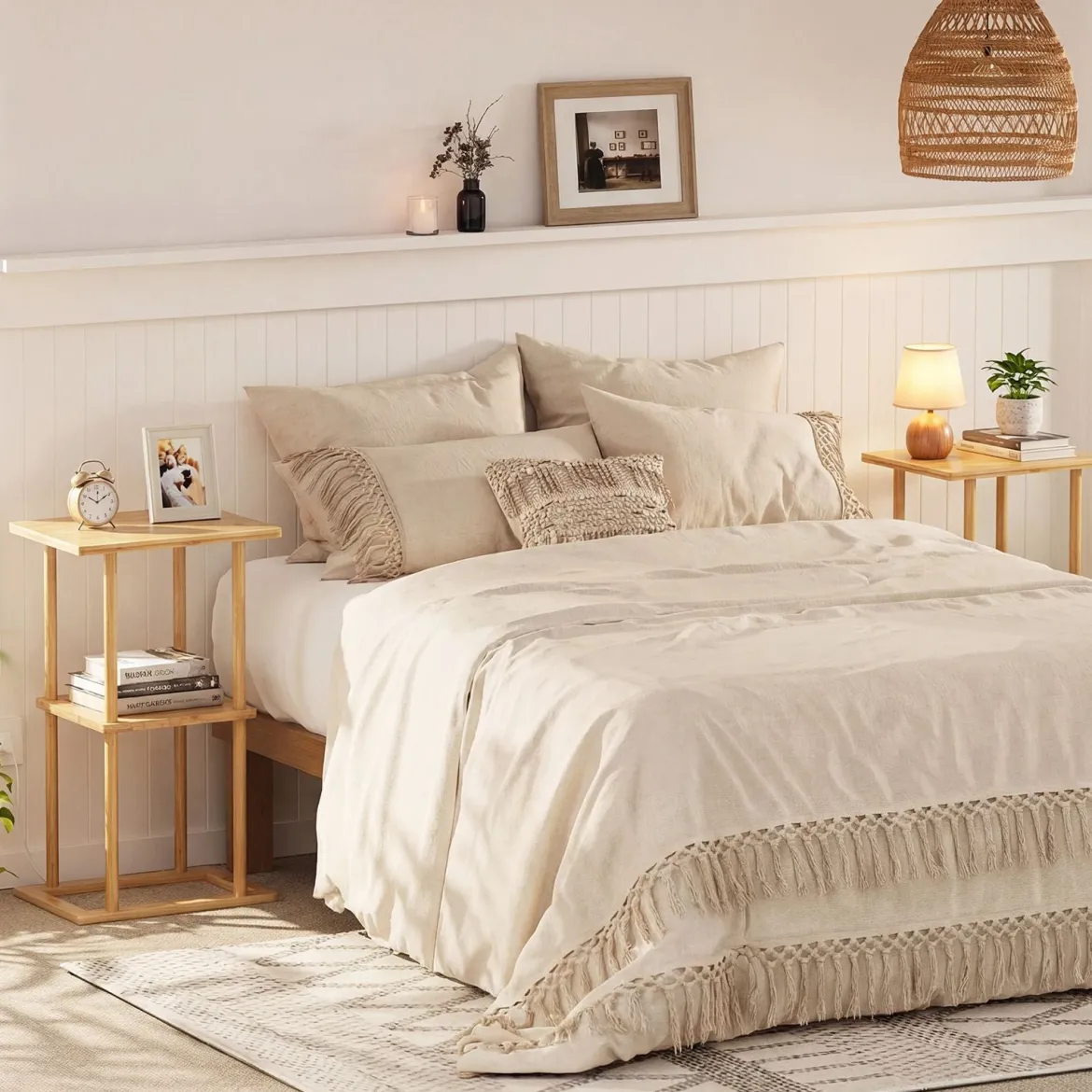 2er Set Bambus Beistelltisch mit Aufbewahrungsregalen Rechteckiger Sofatisch Couchtisch Natur