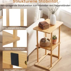2er Set Bambus Beistelltisch mit Aufbewahrungsregalen Rechteckiger Sofatisch Couchtisch Natur