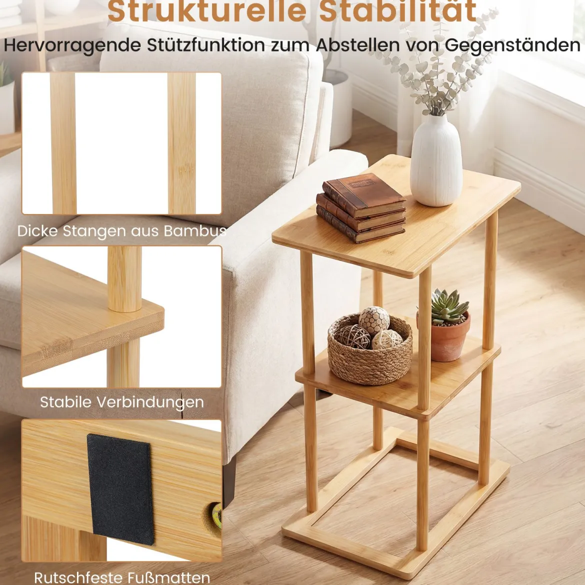 2er Set Bambus Beistelltisch mit Aufbewahrungsregalen Rechteckiger Sofatisch Couchtisch Natur