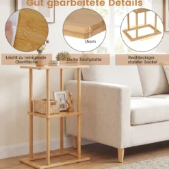 2er Set Bambus Beistelltisch mit Aufbewahrungsregalen Rechteckiger Sofatisch Couchtisch Natur