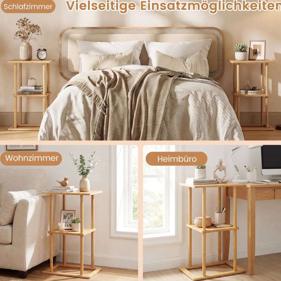 2er Set Bambus Beistelltisch mit Aufbewahrungsregalen Rechteckiger Sofatisch Couchtisch Natur