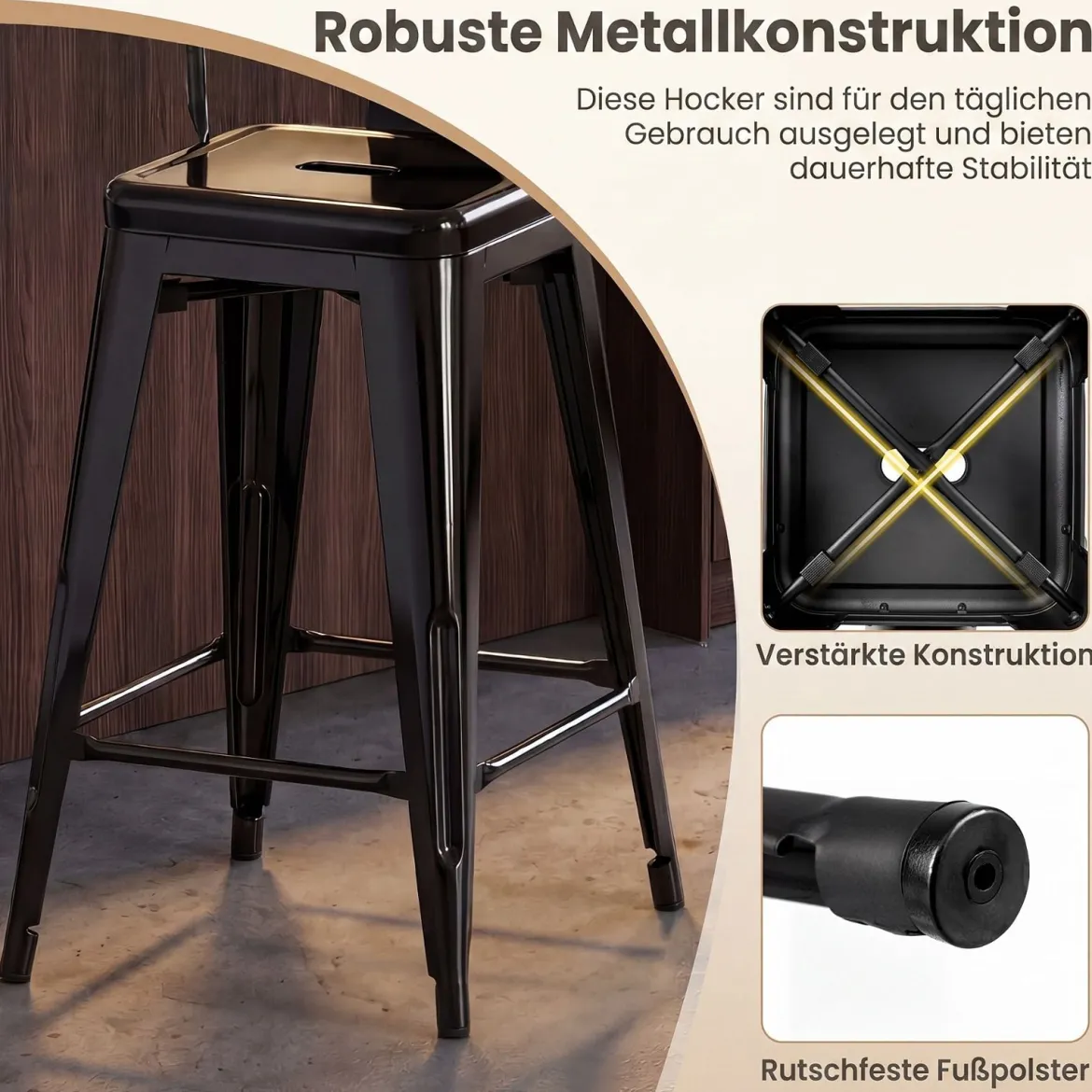 4er Set Barhocker aus Metall Stapelbar mit Abnehmbarer Rückenlehne 44,5 x 45,5 x 103 cm