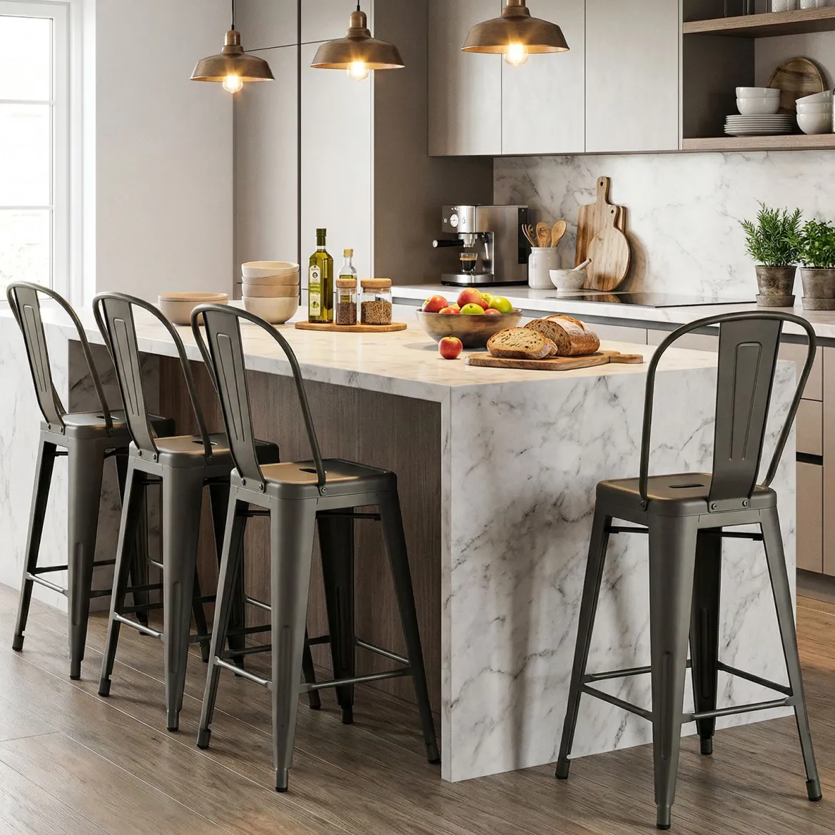 4er Set Barhocker aus Metall Stapelbar mit Abnehmbarer Rückenlehne 44,5 x 45,5 x 103 cm