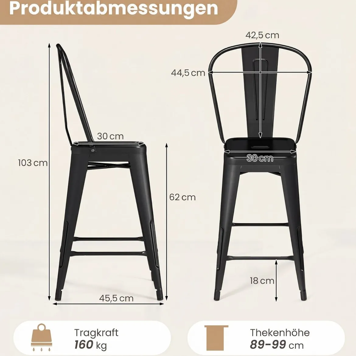 4er Set Barhocker aus Metall Stapelbar mit Abnehmbarer Rückenlehne 44,5 x 45,5 x 103 cm
