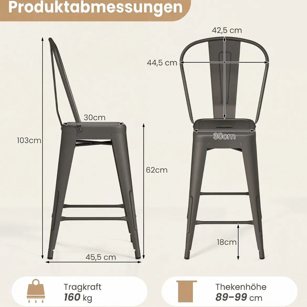 4er Set Barhocker aus Metall Stapelbar mit Abnehmbarer Rückenlehne 44,5 x 45,5 x 103 cm