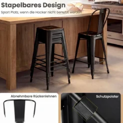 4er Set Barhocker aus Metall Stapelbar mit Abnehmbarer Rückenlehne 44,5 x 45,5 x 103 cm