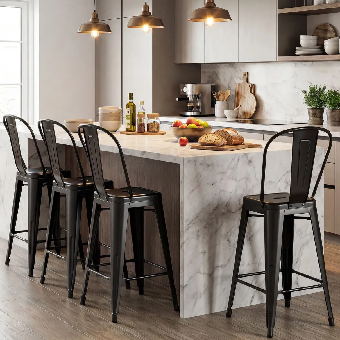 4er Set Barhocker aus Metall Stapelbar mit Abnehmbarer Rückenlehne 44,5 x 45,5 x 103 cm