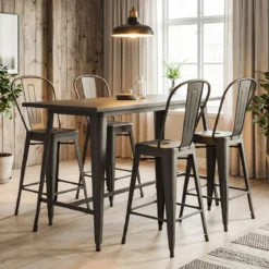 4er Set Barhocker aus Metall Stapelbar mit Abnehmbarer Rückenlehne 44,5 x 45,5 x 103 cm