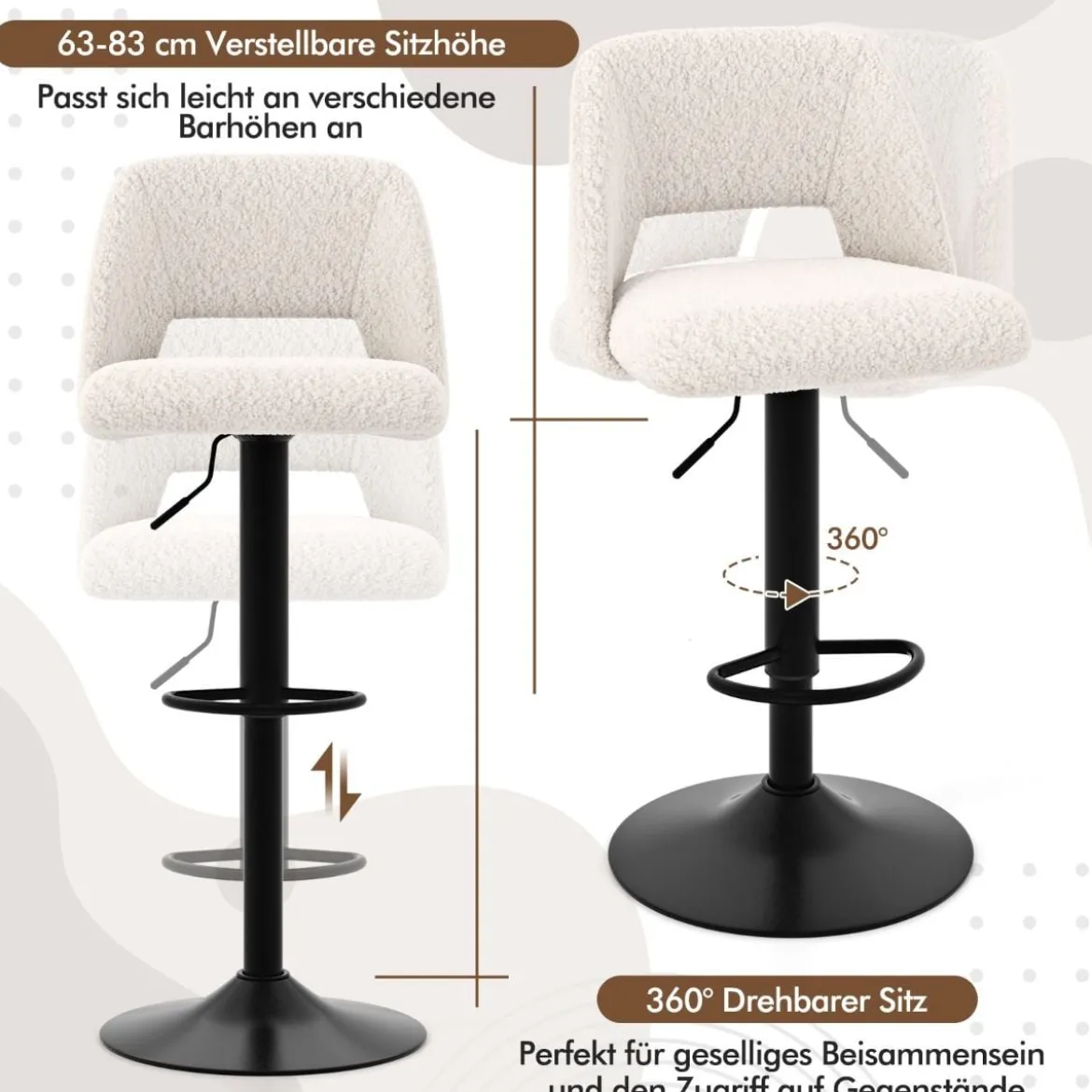 2 er Set Barhocker aus Teddystoff mit Rückenlehne & Fußstütze Barstühle Sitzhocker Thekenhocker
