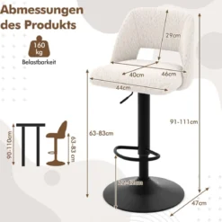 2 er Set Barhocker aus Teddystoff mit Rückenlehne & Fußstütze Barstühle Sitzhocker Thekenhocker