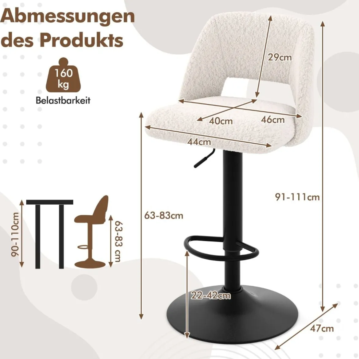 2 er Set Barhocker aus Teddystoff mit Rückenlehne & Fußstütze Barstühle Sitzhocker Thekenhocker