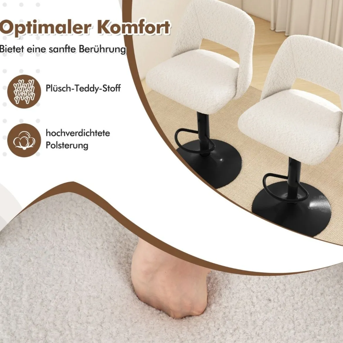 2 er Set Barhocker aus Teddystoff mit Rückenlehne & Fußstütze Barstühle Sitzhocker Thekenhocker