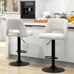 2 er Set Barhocker aus Teddystoff mit Rückenlehne & Fußstütze Barstühle Sitzhocker Thekenhocker