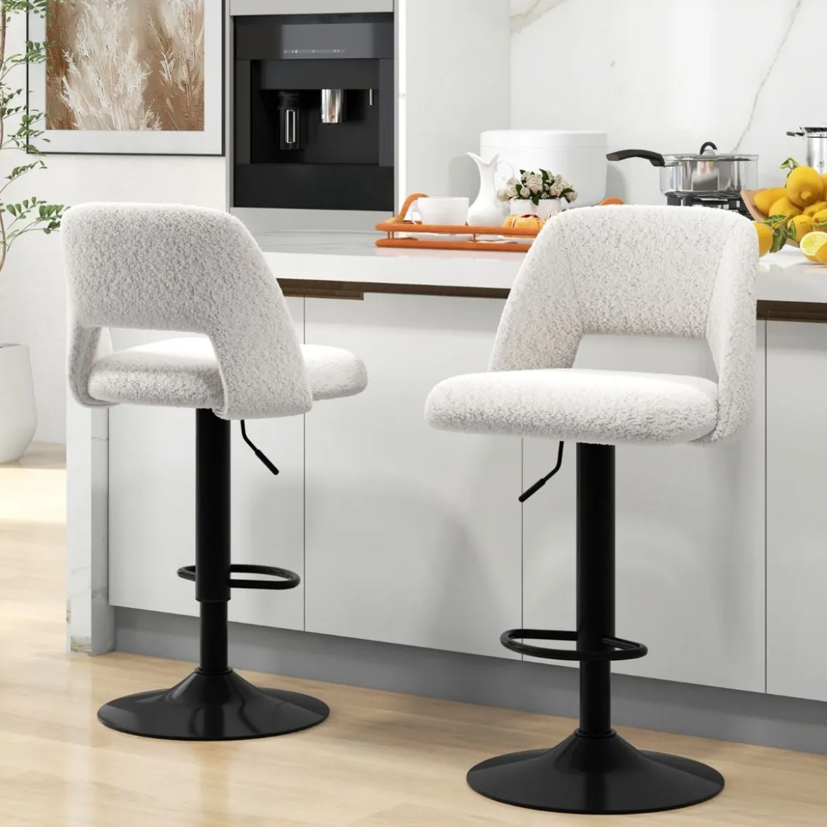 2 er Set Barhocker aus Teddystoff mit Rückenlehne & Fußstütze Barstühle Sitzhocker Thekenhocker