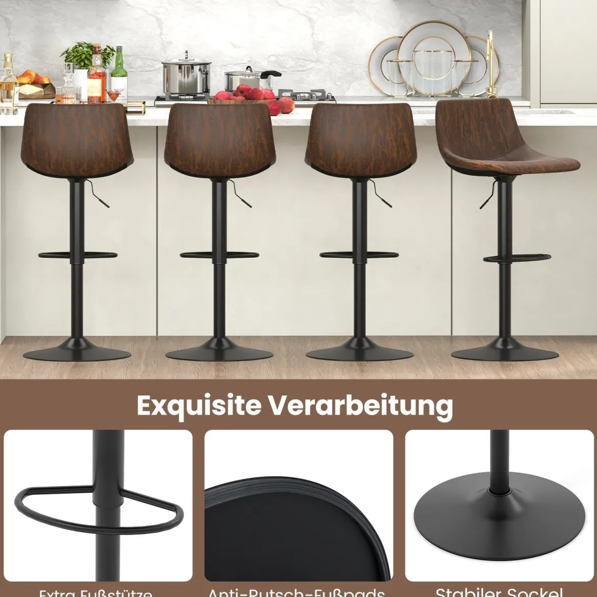 2er Set Barhocker Barstühle 60-82 cm höhenverstellbar Sitzhocker drehbar mit Rückenlehne & Fußstütze Rustikales Braun
