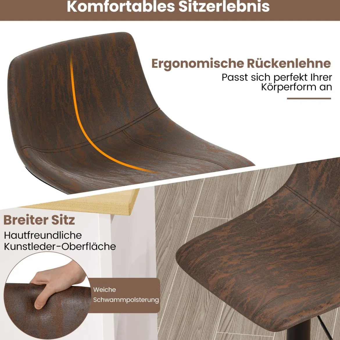 2er Set Barhocker Barstühle 60-82 cm höhenverstellbar Sitzhocker drehbar mit Rückenlehne & Fußstütze Rustikales Braun
