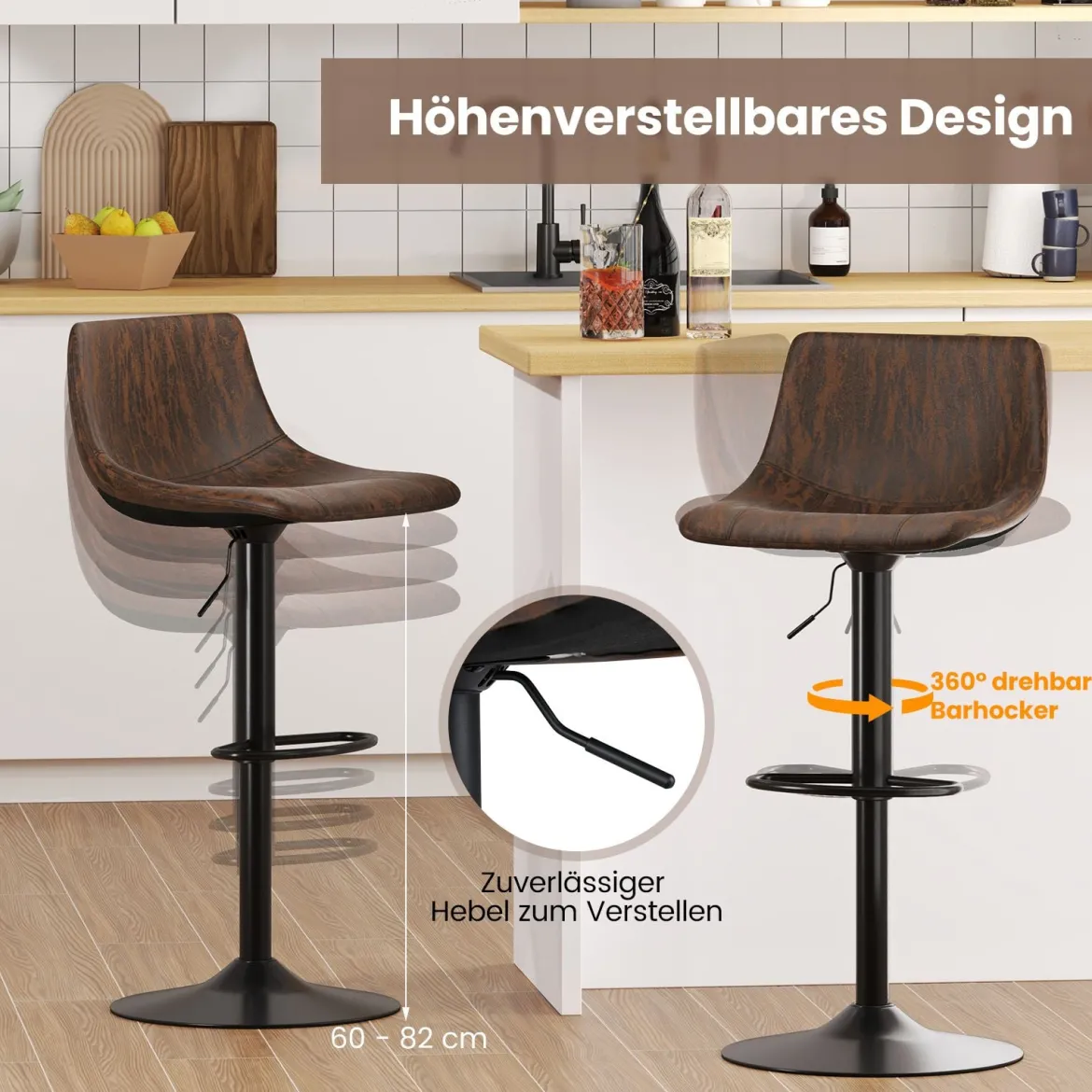2er Set Barhocker Barstühle 60-82 cm höhenverstellbar Sitzhocker drehbar mit Rückenlehne & Fußstütze Rustikales Braun