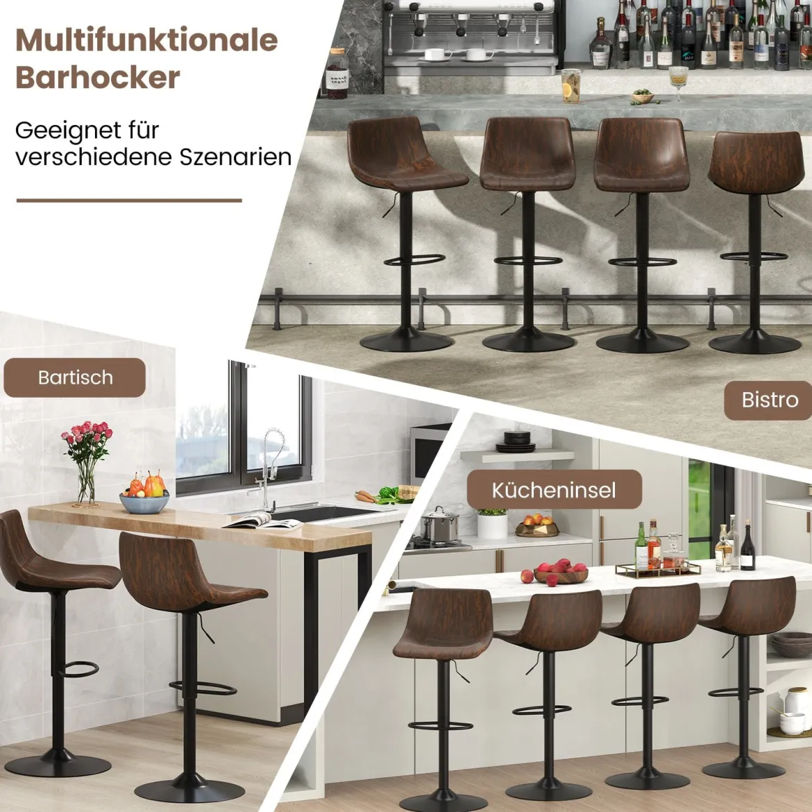 2er Set Barhocker Barstühle 60-82 cm höhenverstellbar Sitzhocker drehbar mit Rückenlehne & Fußstütze Rustikales Braun