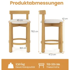 2er Set Barhocker Barstühle Holz mit Rückenlehnen & Fußstützen Küchenhocker Sitzhöhe 62cm Natur