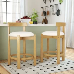 2er Set Barhocker Barstühle Holz mit Rückenlehnen & Fußstützen Küchenhocker Sitzhöhe 62cm Natur