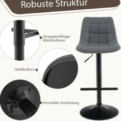 2er Set Barhocker Barstuhl Küchenstuhl 360° drehbar & höhenverstellbar Bistrohocker Grau