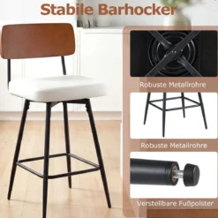 2er Set Barhocker drehbar Barstuhl industriell mit gepolsterter Rückenlehne Quadrat Weiß