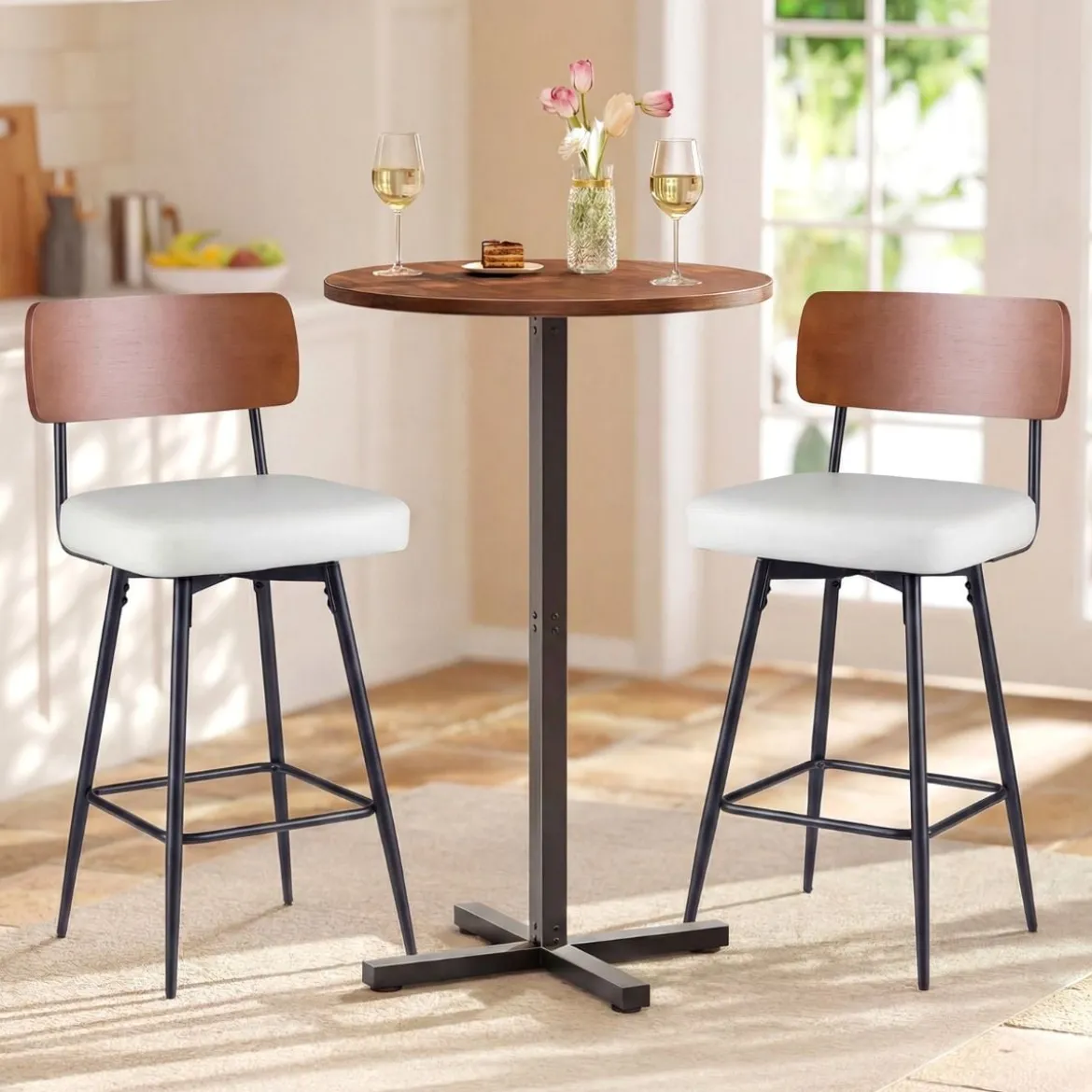 2er Set Barhocker drehbar Barstuhl industriell mit gepolsterter Rückenlehne Quadrat Weiß