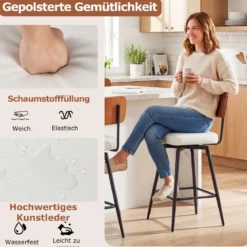 2er Set Barhocker drehbar Barstuhl industriell mit gepolsterter Rückenlehne Quadrat Weiß