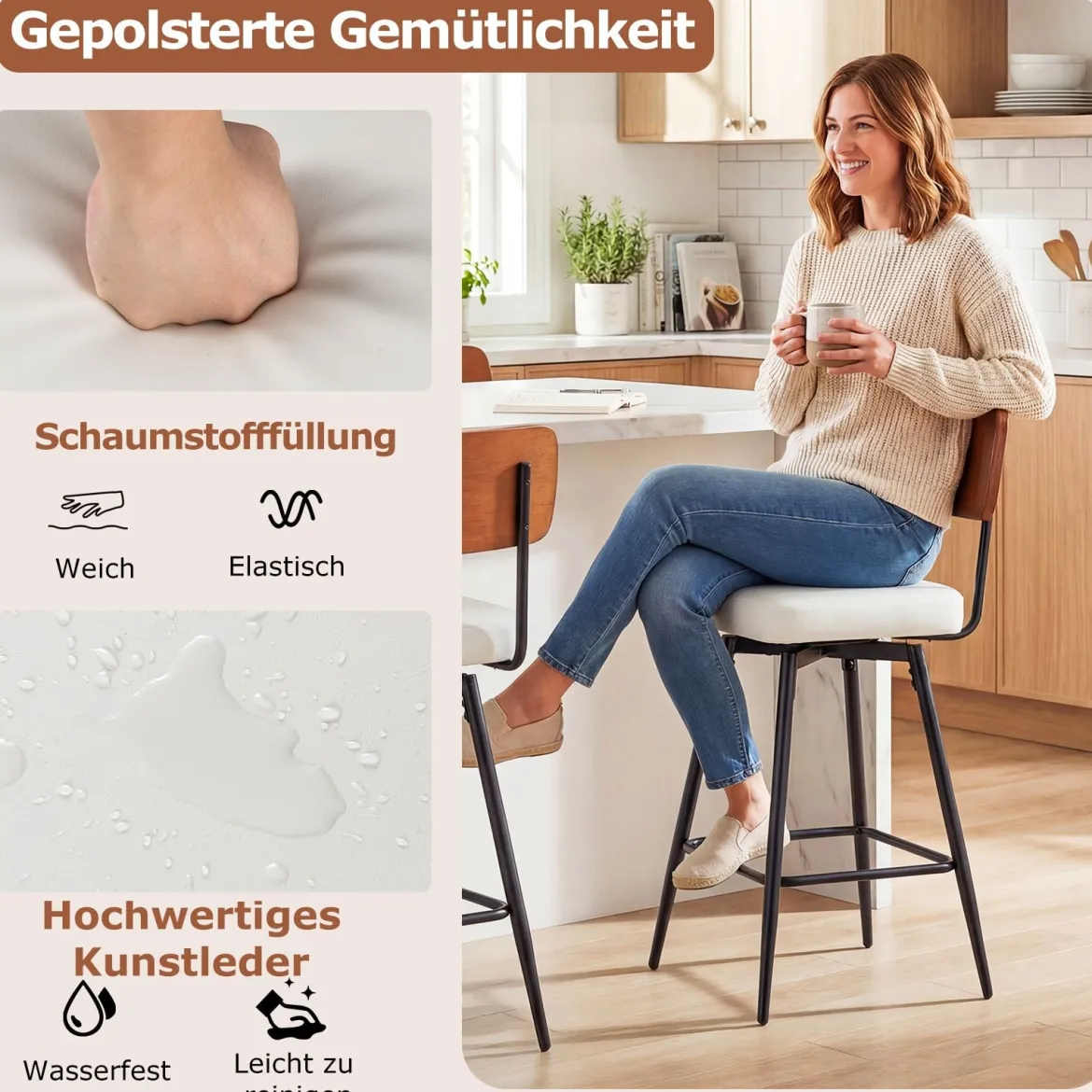2er Set Barhocker drehbar Barstuhl industriell mit gepolsterter Rückenlehne Quadrat Weiß