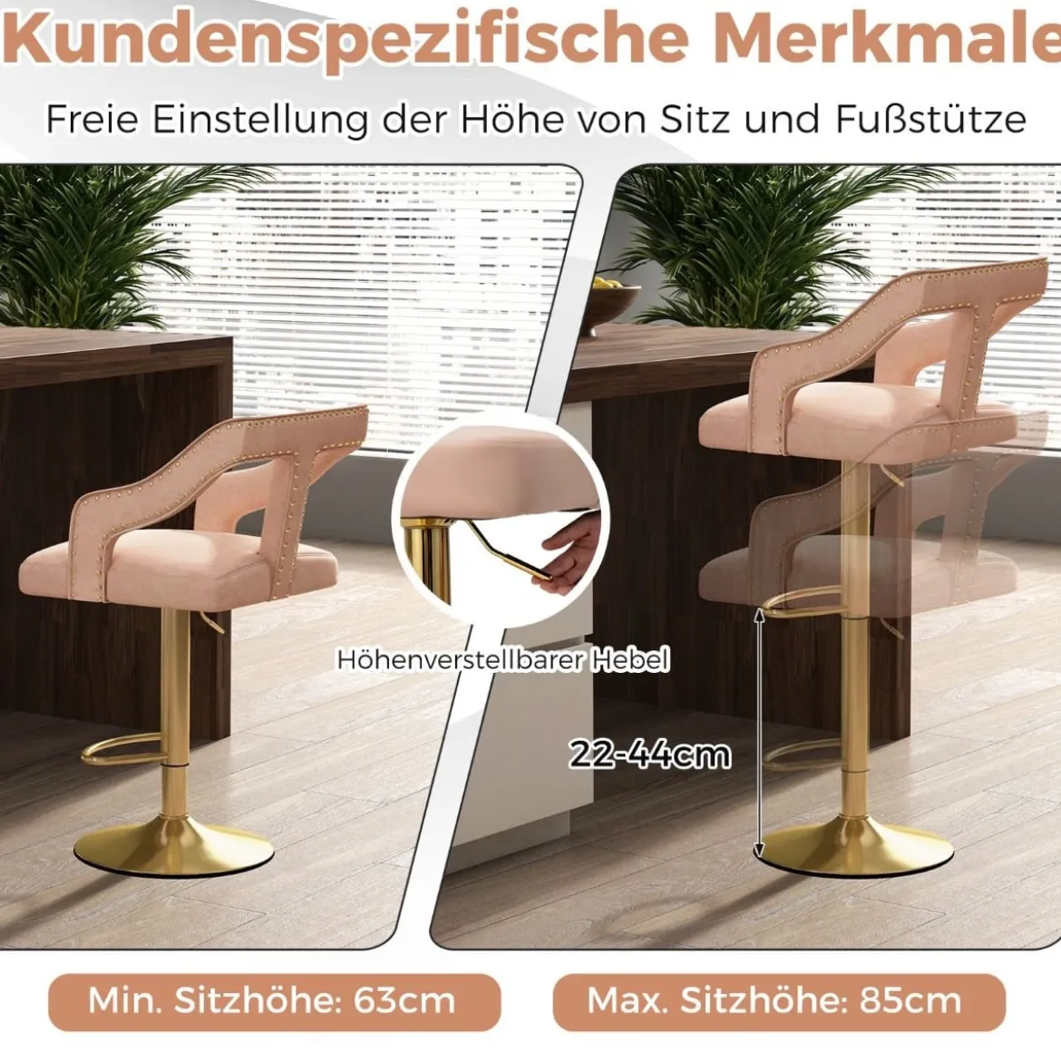 2er Set Barhocker drehbare Barstühle 63-85 höhenverstellbar Küchenhocker aus Samt Grau/Rosa