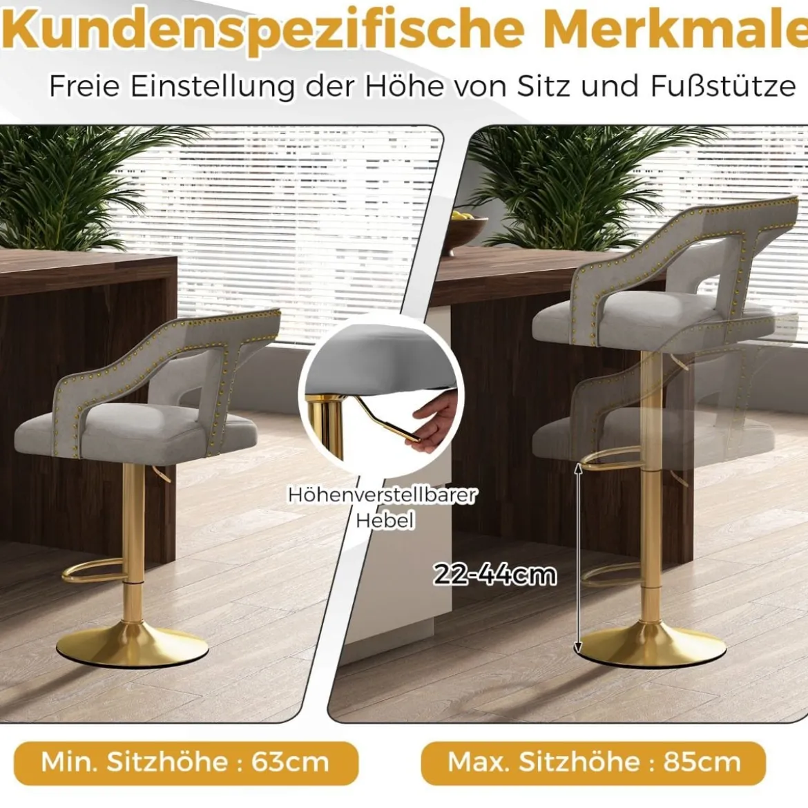 2er Set Barhocker drehbare Barstühle 63-85 höhenverstellbar Küchenhocker aus Samt Grau/Rosa