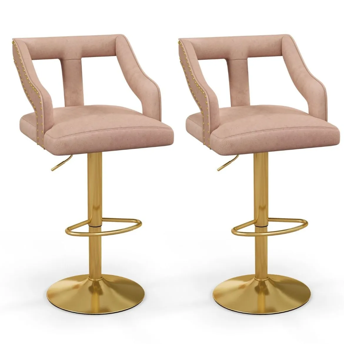 2er Set Barhocker drehbare Barstühle 63-85 höhenverstellbar Küchenhocker aus Samt Grau/Rosa
