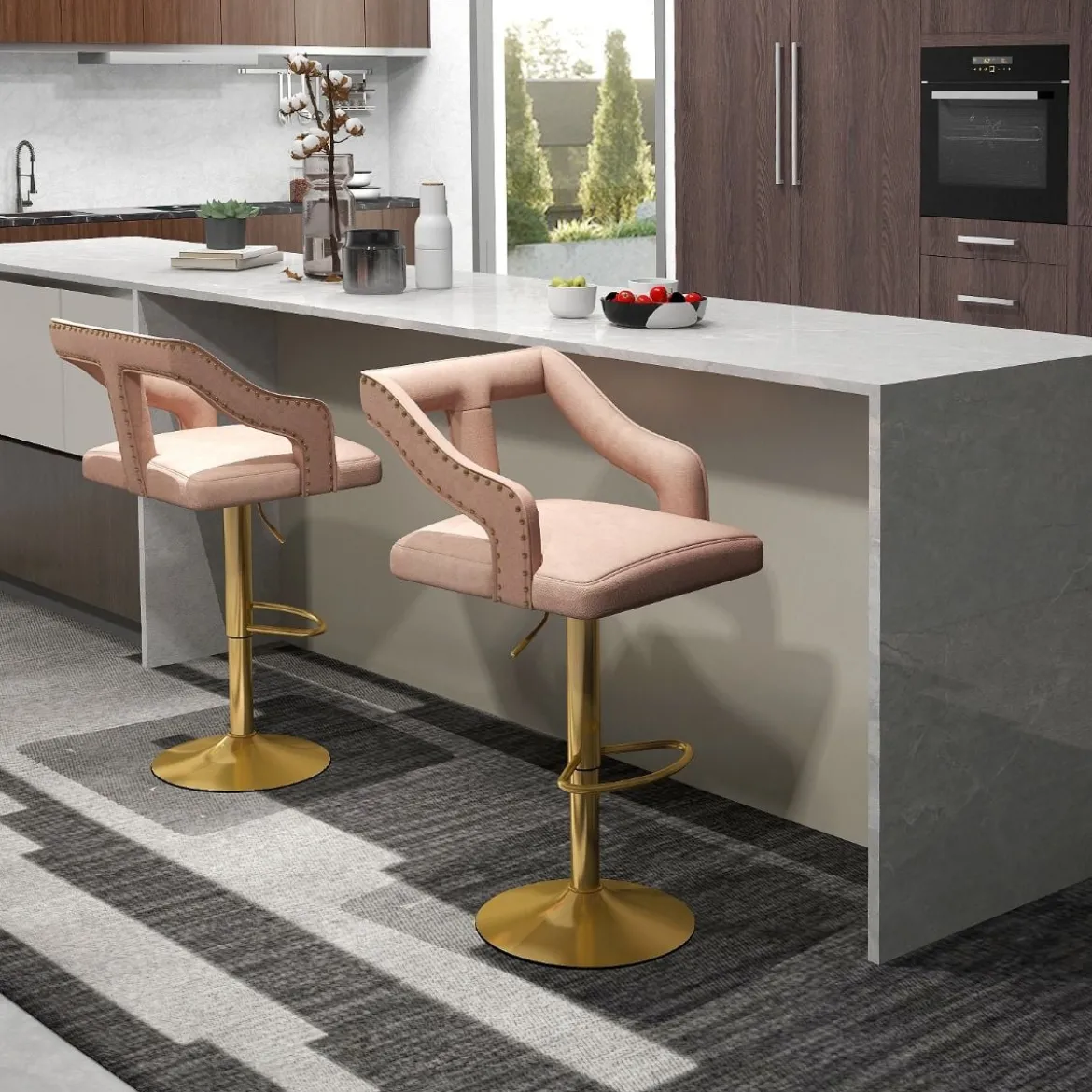 2er Set Barhocker drehbare Barstühle 63-85 höhenverstellbar Küchenhocker aus Samt Grau/Rosa
