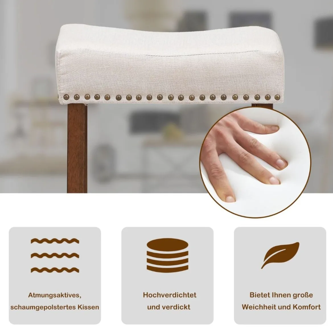 2er Set Barhocker gepolstertes Kissen & Beine aus Kautschukholz 43 x 33 x 74 cm Beige