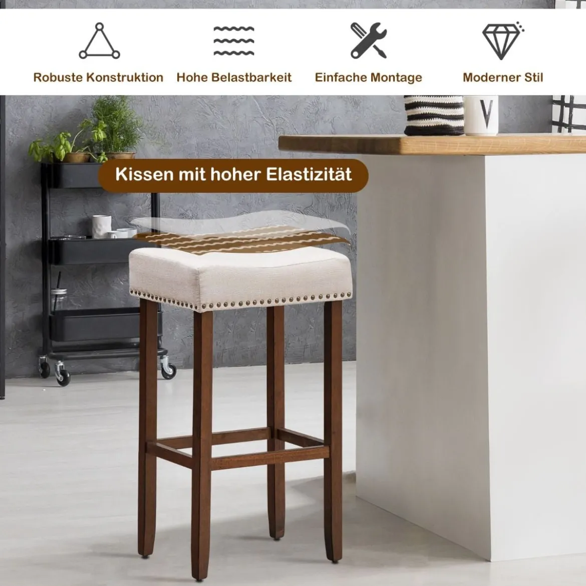 2er Set Barhocker gepolstertes Kissen & Beine aus Kautschukholz 43 x 33 x 74 cm Beige