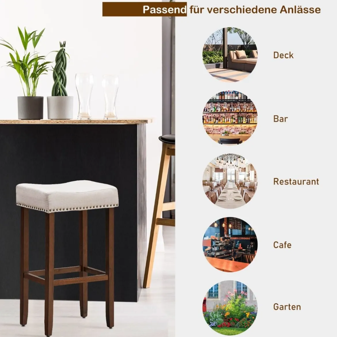 2er Set Barhocker gepolstertes Kissen & Beine aus Kautschukholz 43 x 33 x 74 cm Beige