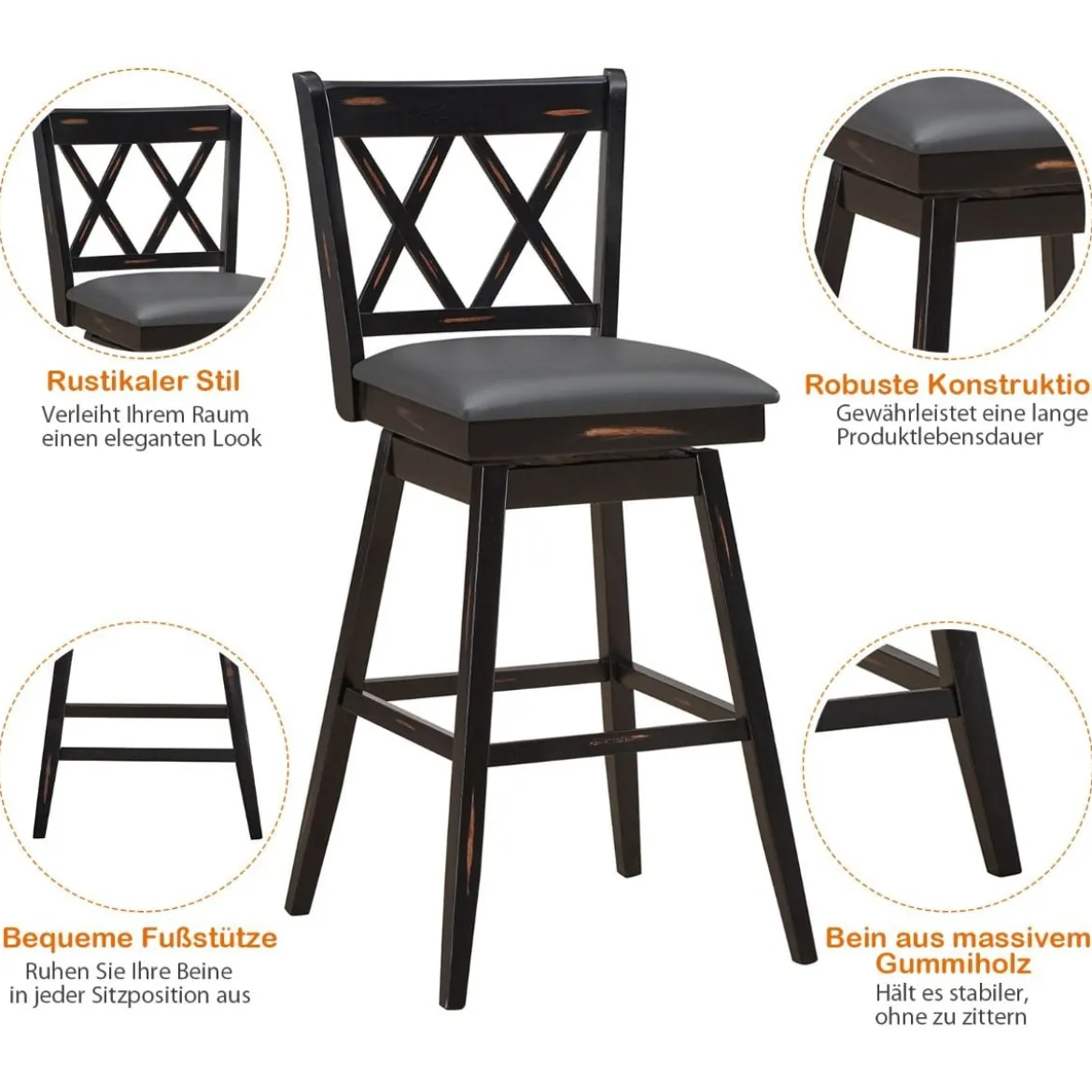 2er Set Barhocker Holz Barstuhl mit drehbarem Sitz Bistrohocker mit Fußstütze Schwarz