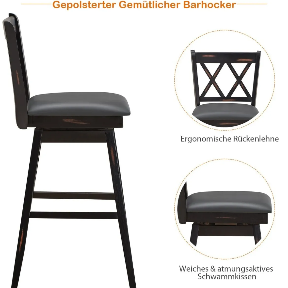 2er Set Barhocker Holz Barstuhl mit drehbarem Sitz Bistrohocker mit Fußstütze Schwarz