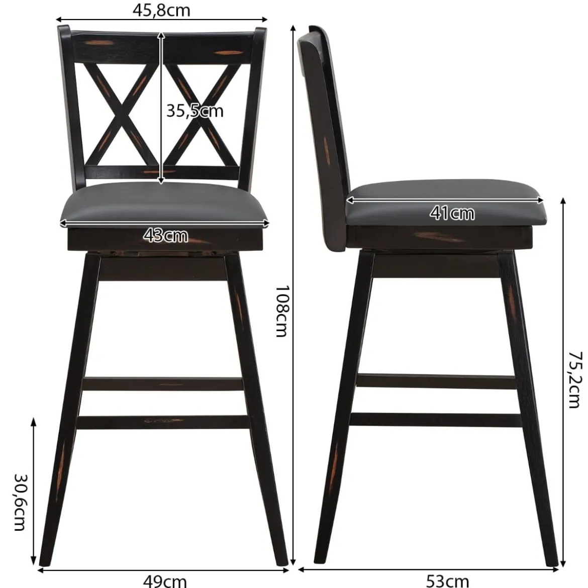 2er Set Barhocker Holz Barstuhl mit drehbarem Sitz Bistrohocker mit Fußstütze Schwarz
