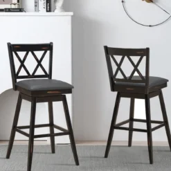 2er Set Barhocker Holz Barstuhl mit drehbarem Sitz Bistrohocker mit Fußstütze Schwarz