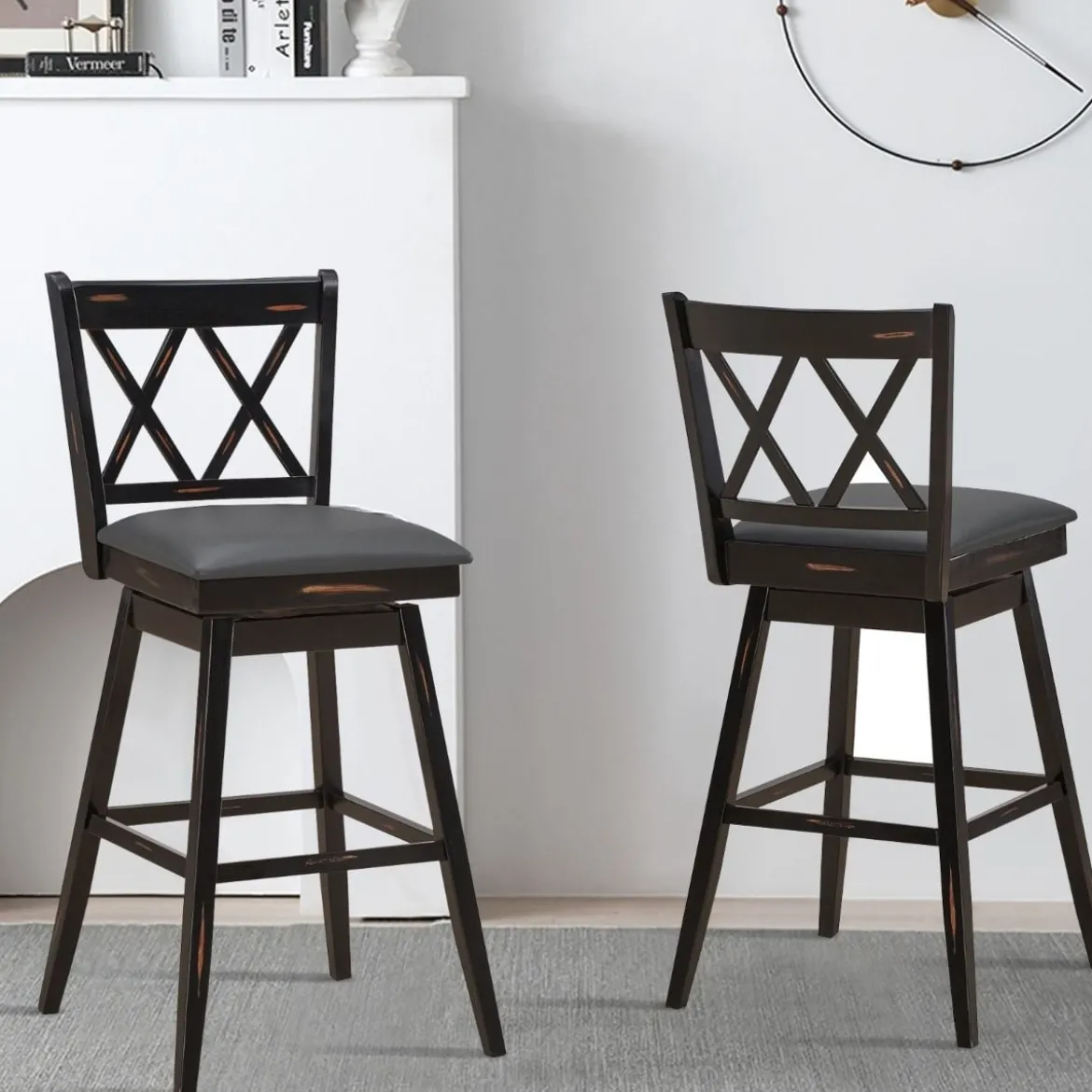 2er Set Barhocker Holz Barstuhl mit drehbarem Sitz Bistrohocker mit Fußstütze Schwarz