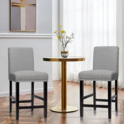 2er Set Barhocker mit Beinen aus Gummiholz & Atmungsaktivem Leinengewebe Barstühle Grau