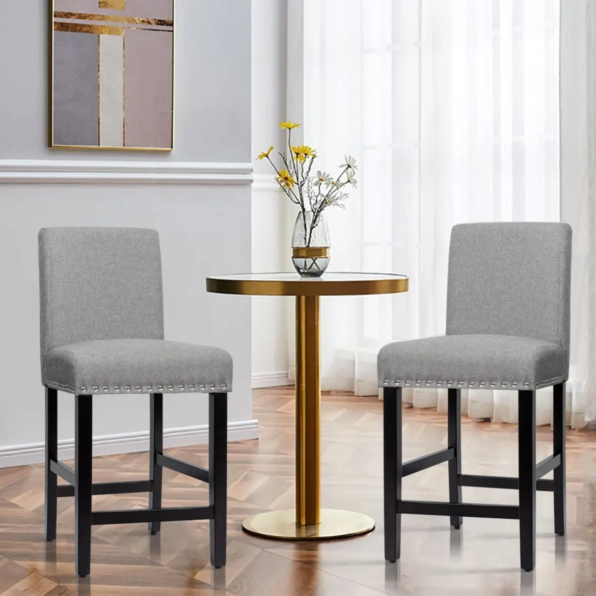 2er Set Barhocker mit Beinen aus Gummiholz & Atmungsaktivem Leinengewebe Barstühle Grau